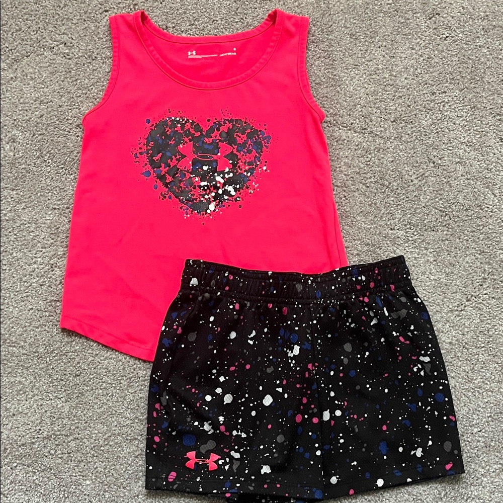 Under Armour Hot Pink Heatgear Tank Top and Matching Splatter Black Shorts Sz 6